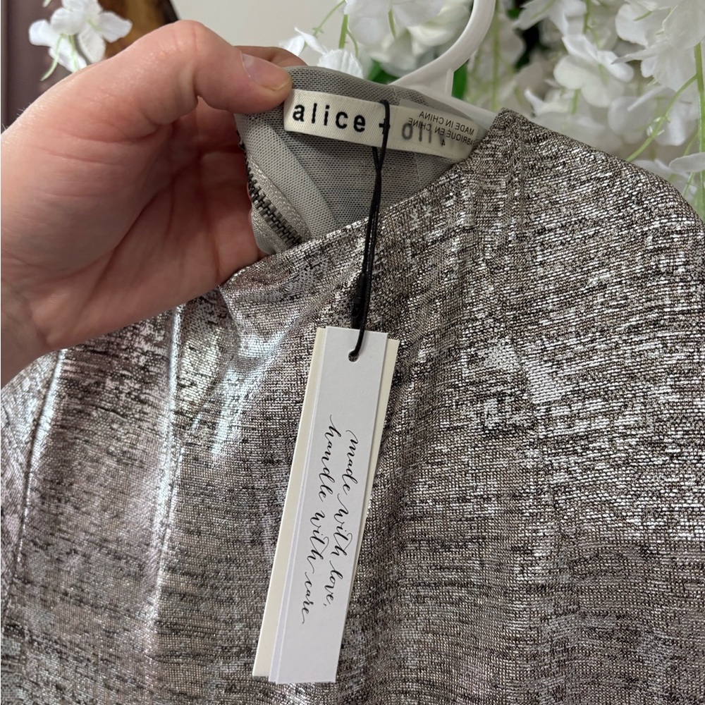 Alice + Olivia Delora Shimmering Fitted Mock Silver Midi Dress - Picture 8 of 12